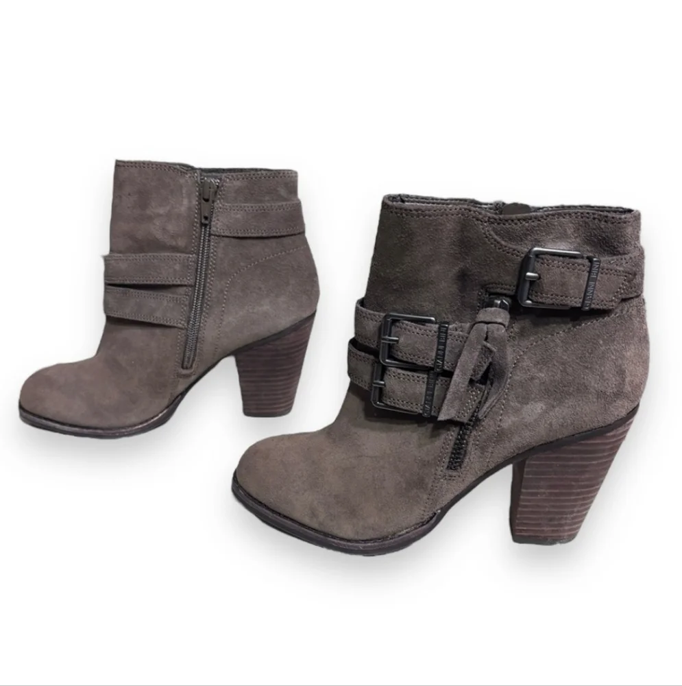GIANNI BINI Grey Suede Side Zip Ankle Booties Double Buckle